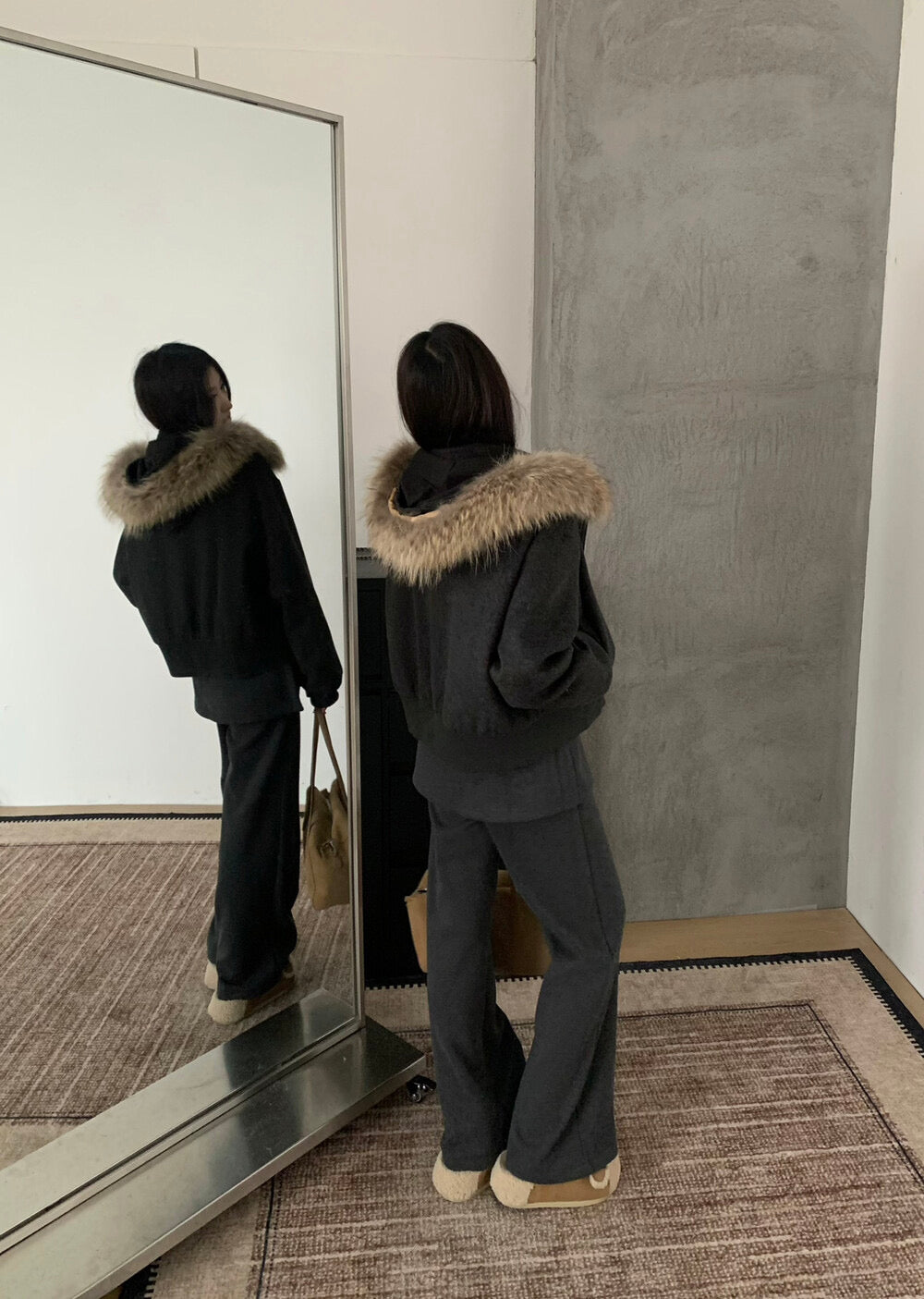 Kelly Designs Minimal Wool-Blend Short Goose Jacket with Detachable Raccoon Fur Collar (Instock)