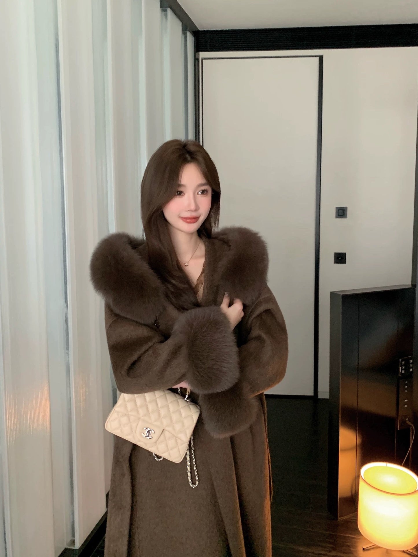 Kelly Designs Fox Fur Wool Brown Long Coat (Instock)