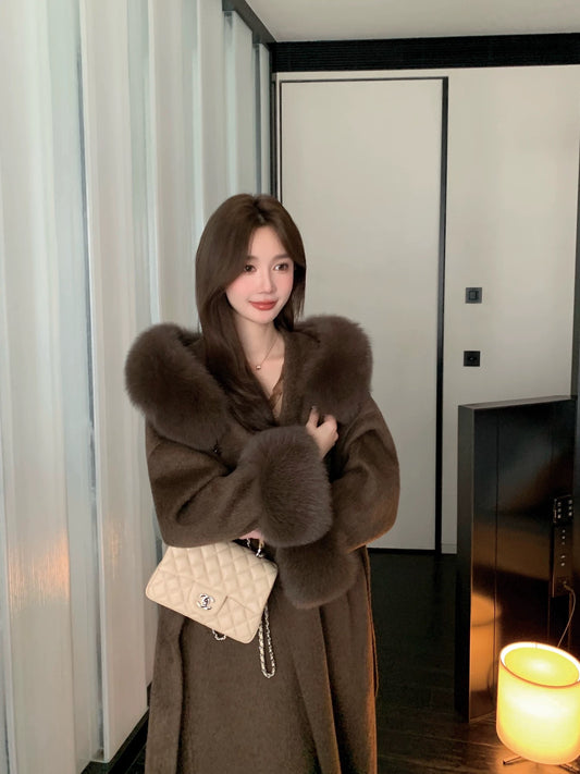 Kelly Designs Fox Fur Wool Brown Long Coat (Instock)