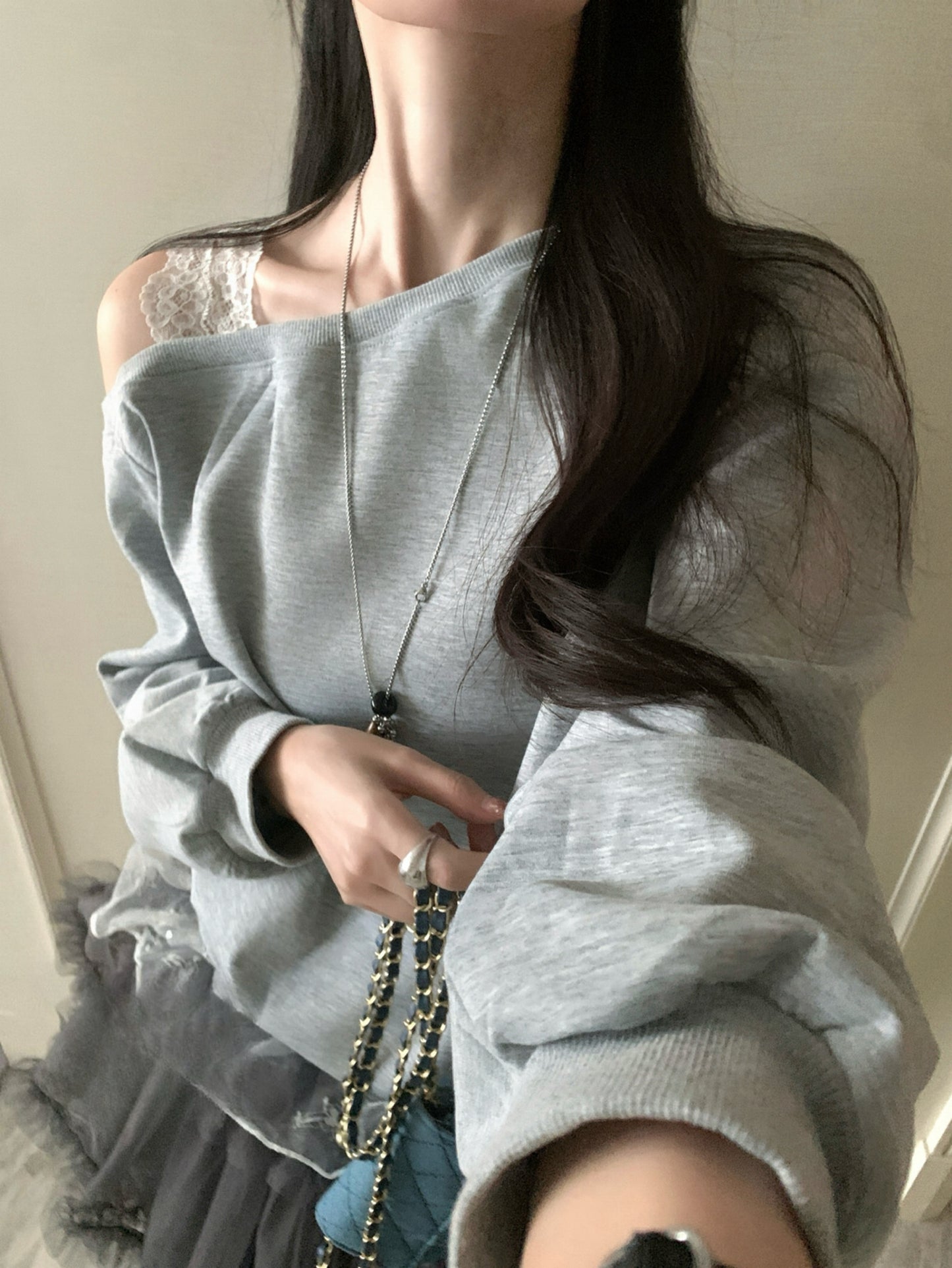 Kelly Designs Off-Shoulder Faux Layered Sweatshirt & Grey Skirt (Instock)