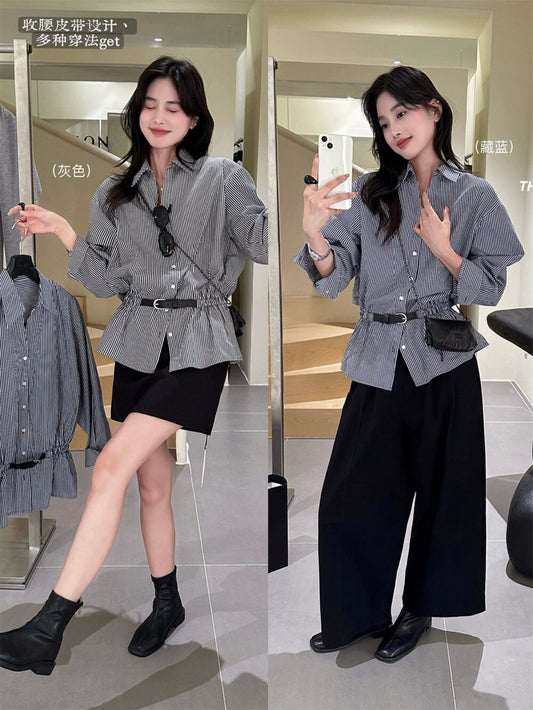 Kelly Designs Two Colors Striped Statement Waist-Cinched Shirt (Instock)