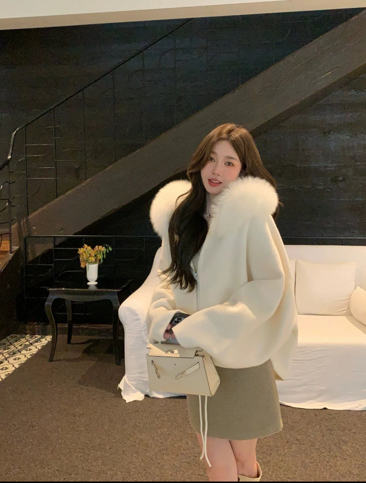 Kelly Designs Fox Fur Hoodie Zip Up White Wool Coat (Instock)