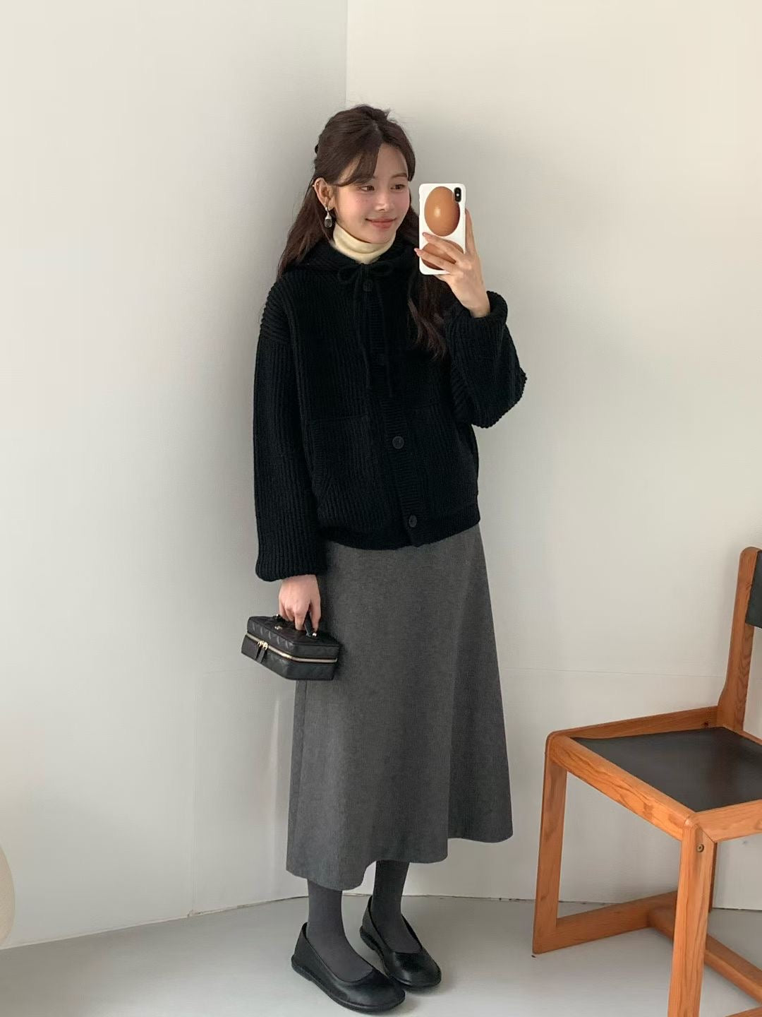 Korean APM Collection EGG Button Up Black Hoodie Wool Cardigan (Instock)