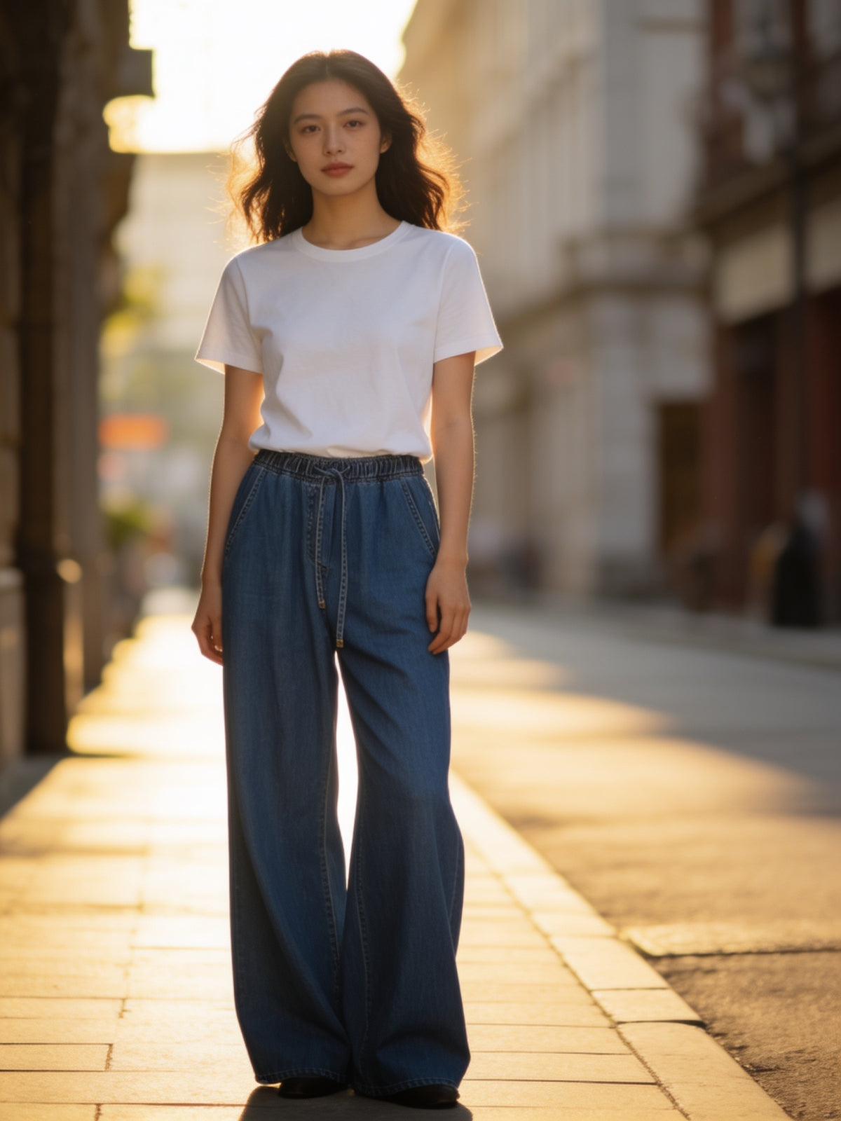 Korean APM Collection Tencel Denim Drawstring Wide-Leg Pants (Instock)