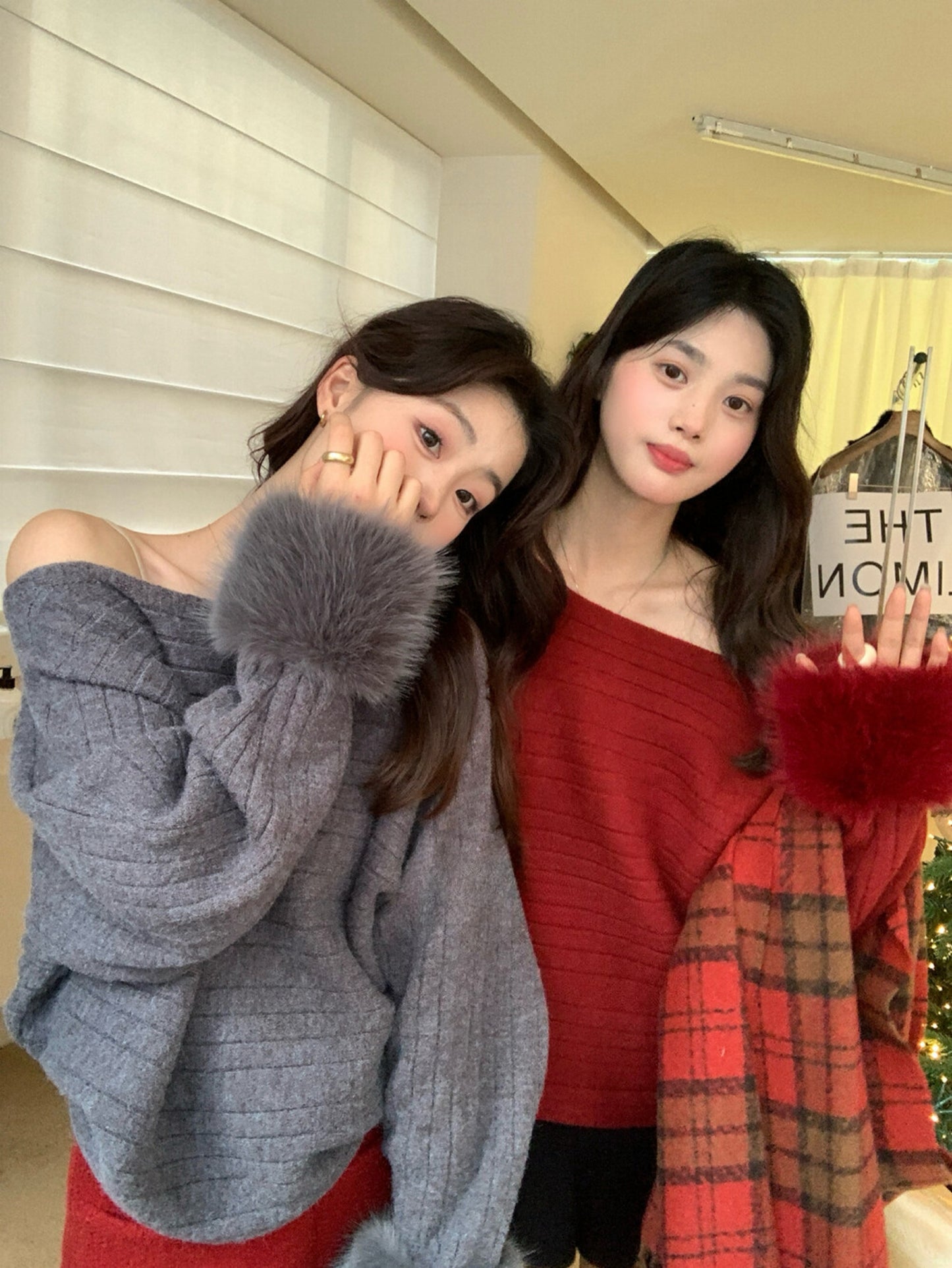 Kelly Designs  French-Inspired Off-Shoulder Knit Sweater with Fur Cuffs (Instock)