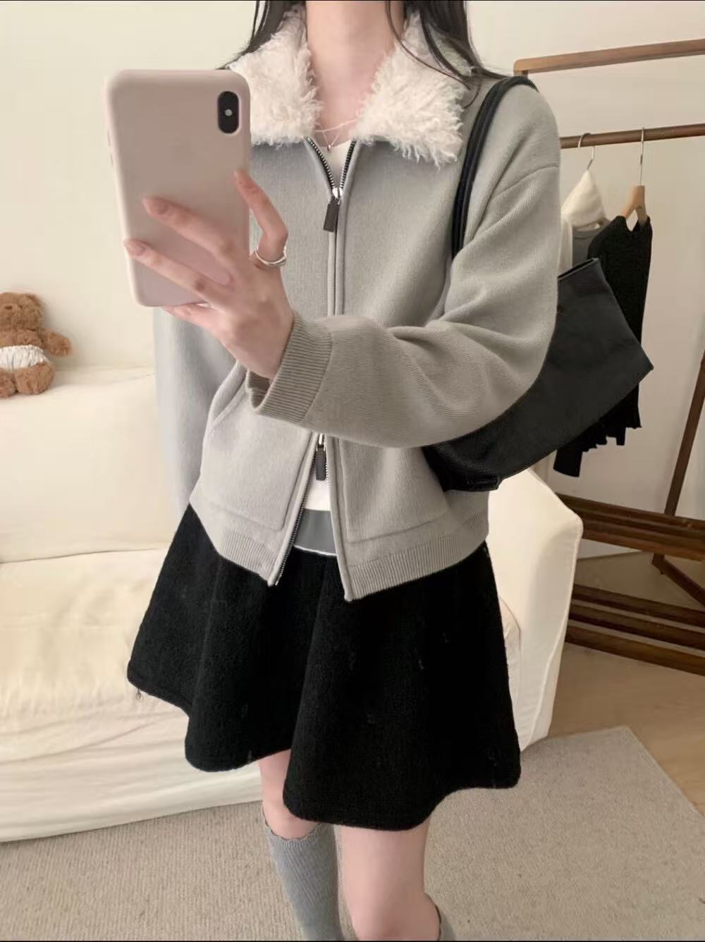 Kelly Designs Lamb Collar Wool Zip-Up Cardigan Jacket (Instock)