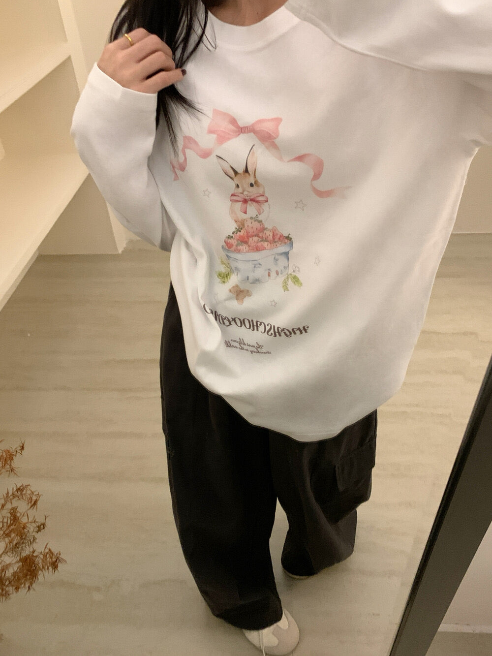 Kelly Designs Brushed Cotton Long-Sleeve Tee – Bow Strawberry Bunny Print (Instock)