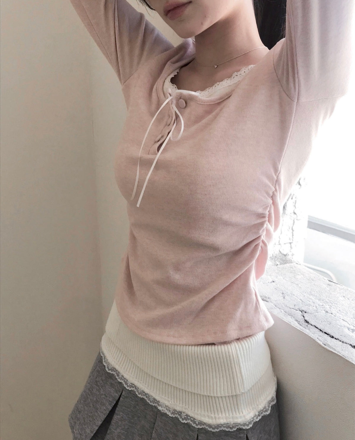 Korean Beauté Ribbon Shirring Top - Pink (Instock)
