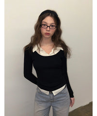 Korean Velvet Contrast Collar Layered Knit Black Top (Instock)