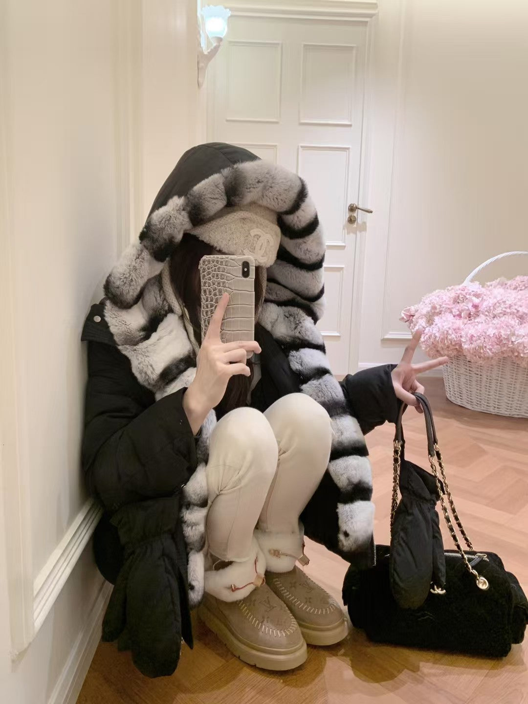 Kelly Designs Goose Down Jacket with Imported Rex Rabbit Fur Hood – Elegant & Ultra Warm-Black/White (Instock)