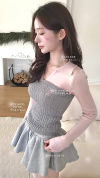 Korean Pink & Grey Layered Bustier Collar Knit Top