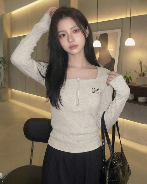 Korean Muah Muah Square Neck Henley Ribbed Long Sleeve Top (Instock)
