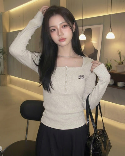 Korean Muah Muah Square Neck Henley Ribbed Long Sleeve Top (Instock)