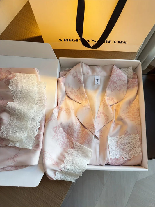 Kelly Designs Dreamy Pink Satin Pajama Set – Ice Silk & Lace Loungewear (Instock)