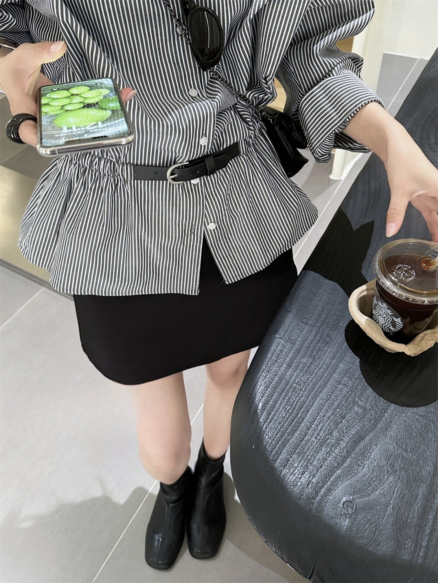 Kelly Designs Two Colors Striped Statement Waist-Cinched Shirt (Instock)