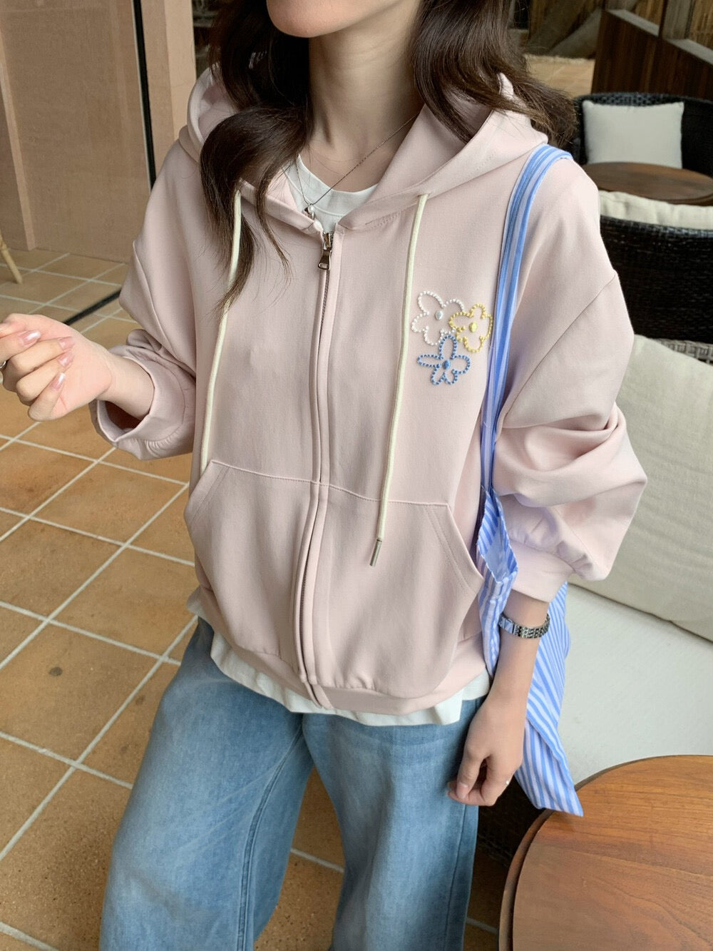 Kelly Designs Cute Embroidery Zip Hoodie – 3 Colors (Instock)