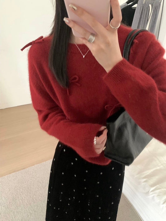 Kelly Designs Raccoon Wool Bow Knit Pullover - Red/Blue (Instock)