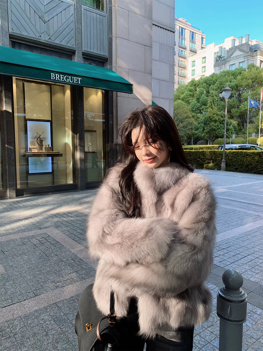 Kelly Designs Fox Fur Grey Purple Jacket (Instock)