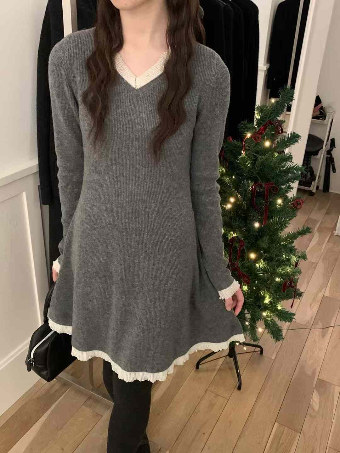 Kelly Designs V Neck Wool Grey Dress (Instock)