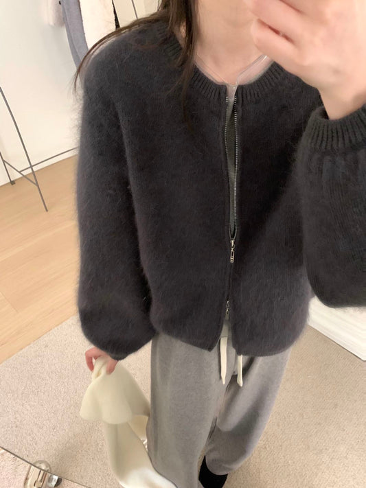 Kelly Designs Raccoon Wool Zip-Up Knit Dark Grey Cardigan – Soft & Fluffy (Instock)