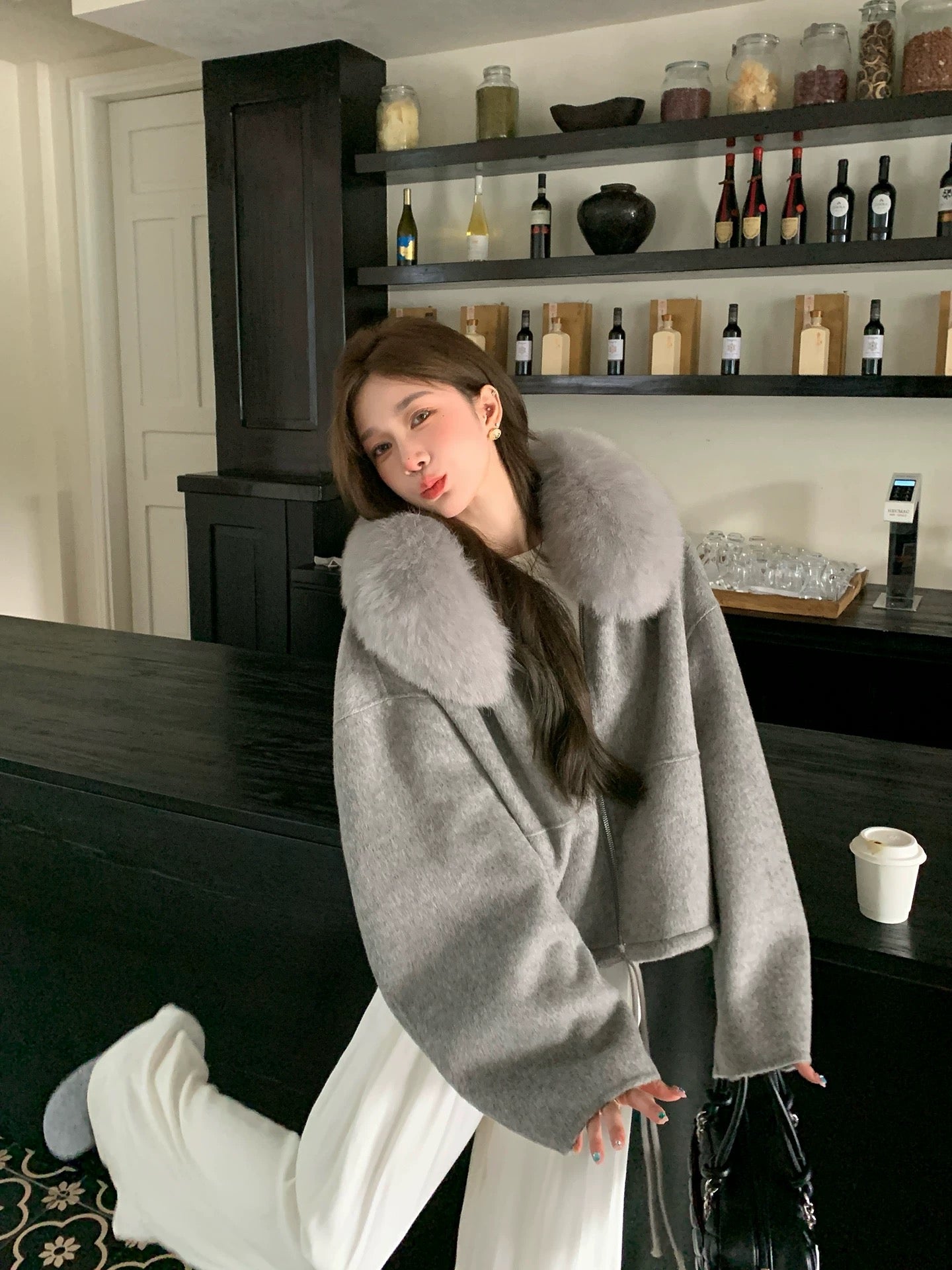 Kelly Designs Fox Fur Hoodie Zip Up Grey Wool Coat (1-2 weeks)