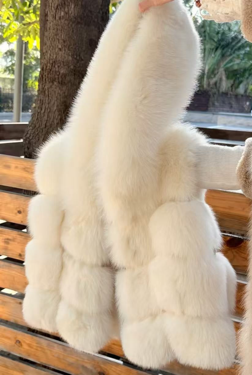 Kelly Designs Fox Fur Hoodie Vest- Pure White (Instock)
