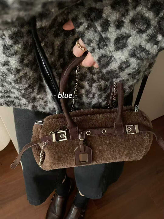 Kelly Designs Leather Shearling Handle Brown Bag (Instock)