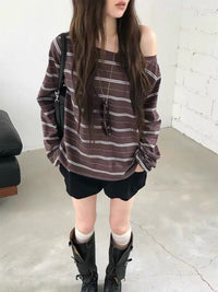 Korean Collection | Off-Shoulder Stripe Long Sleeve Top (Instock)