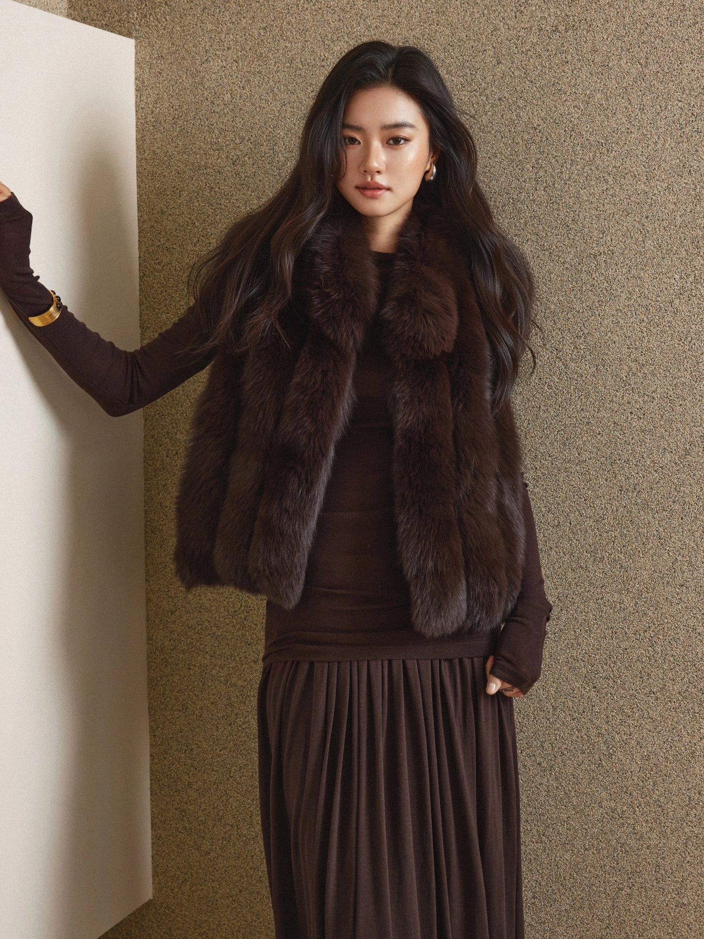 Kelly Designs Fox Fur Vest Dark Brown Jacket (Instock)