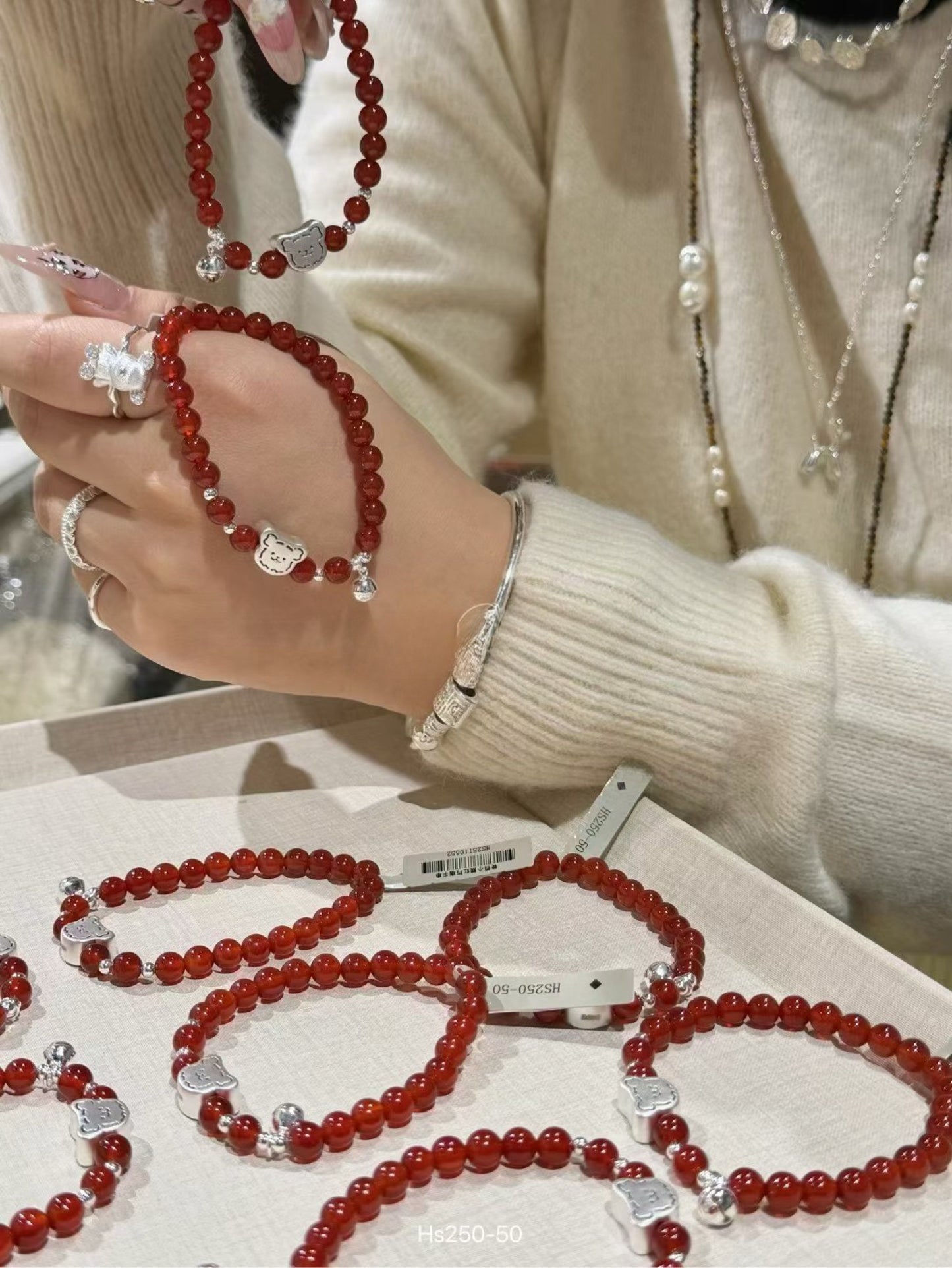 Kelly Designs Red Agate Bead Bracelet with Sterling Silver Bear Charm (Instock)