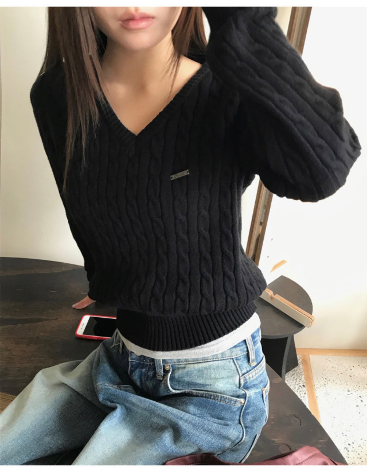 Korean Collection Hayden Cable Knit V-Neck Sweater (Instock)