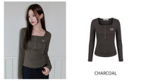 Korean Muah Muah Square Neck Henley Ribbed Long Sleeve Top (Instock)