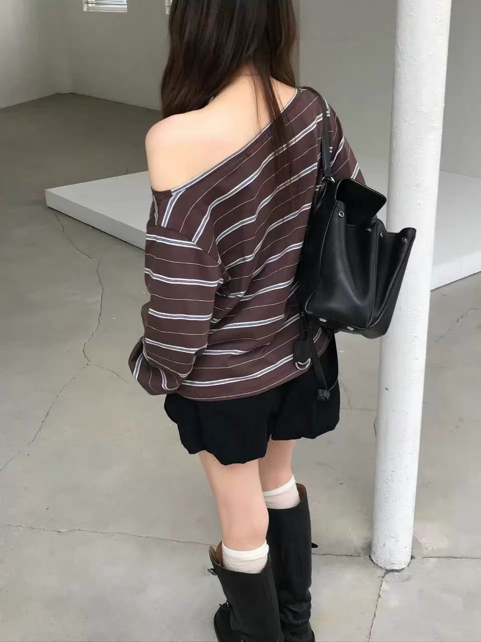 Korean Collection | Off-Shoulder Stripe Long Sleeve Top (Instock)