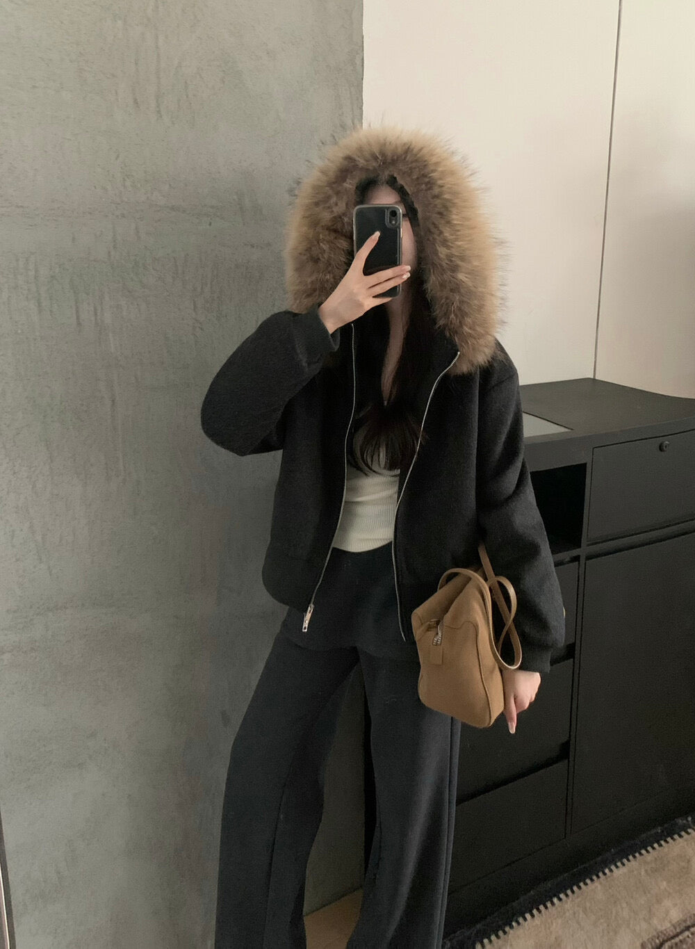 Kelly Designs Minimal Wool-Blend Short Goose Jacket with Detachable Raccoon Fur Collar (Instock)