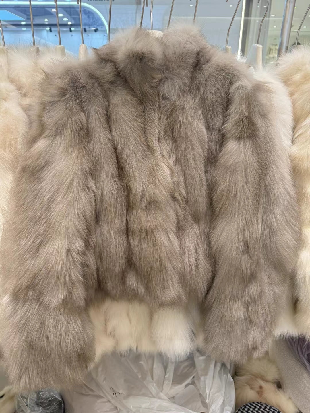 Kelly Designs Taupe Fox Fur Jacket with High Neck (Instock)