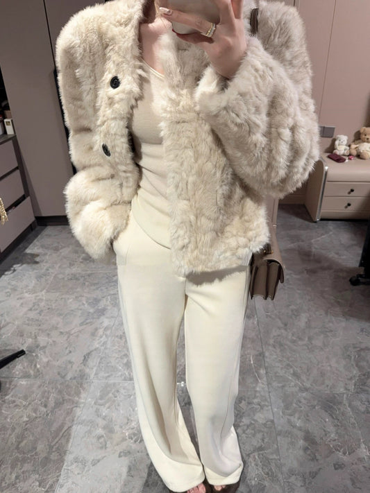 Kelly Designs Natural Curly Faux Lamb Fur Coat – Eco-Friendly Plush Winter White Jacket (Instock)