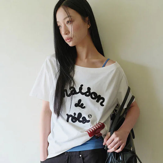 Rolarola Embroidery Off Shoulder Tshirt Off White (Instock)