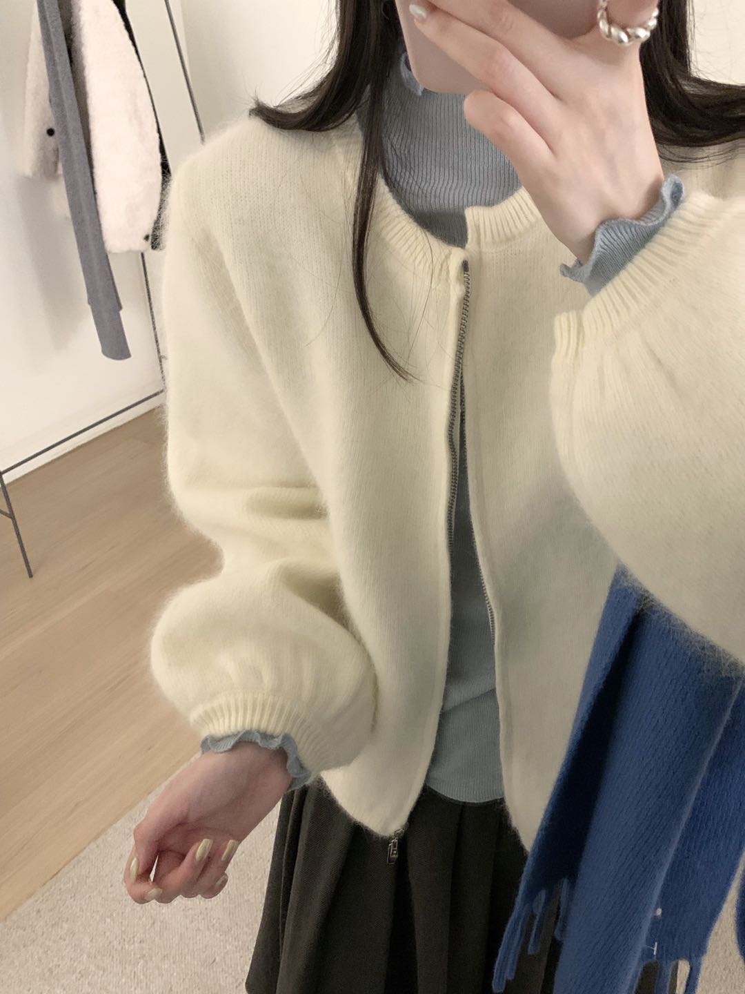 Kelly Designs Raccoon Wool Zip-Up Knit White Cardigan – Soft & Fluffy (Instock)