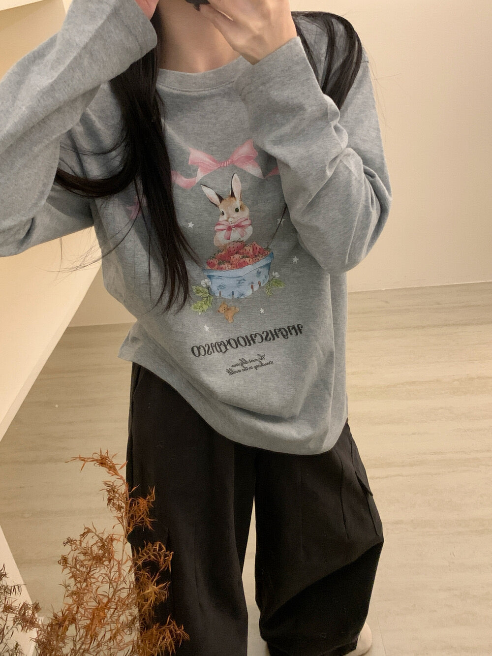 Kelly Designs Brushed Cotton Long-Sleeve Tee – Bow Strawberry Bunny Print (Instock)