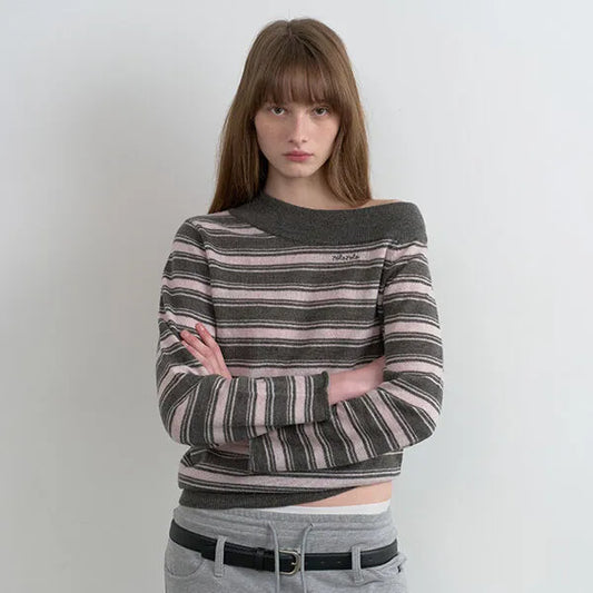 Rolarola One Off Shoulder Stripe Knit GY+PK (Instock)