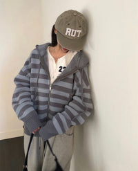 Korean Collection Lucy Oversized Striped Knit Zip-Up Hoodie (Instock)