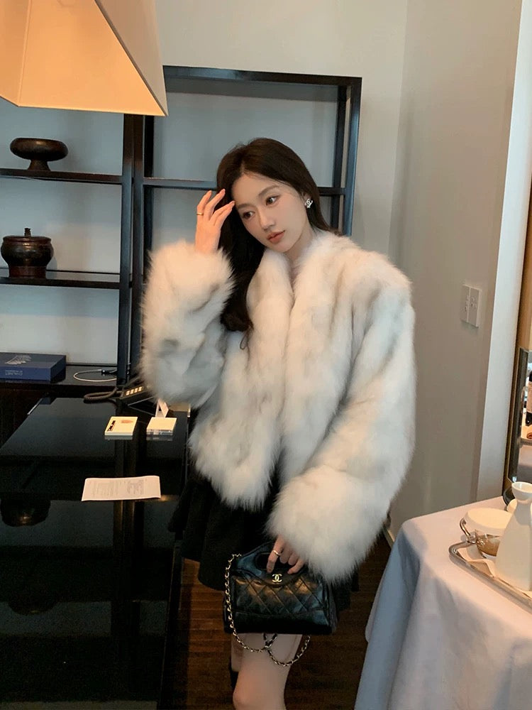 Kelly Designs White Grey Fox Fur Mid Neck Jacket (Instock)