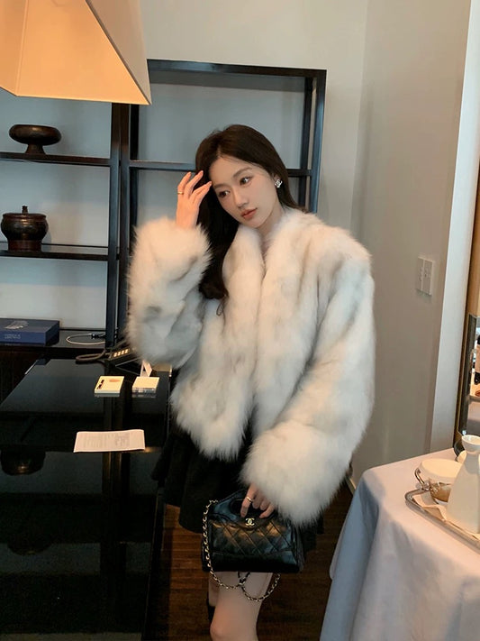 Kelly Designs White Grey Fox Fur Mid Neck Jacket (Instock)