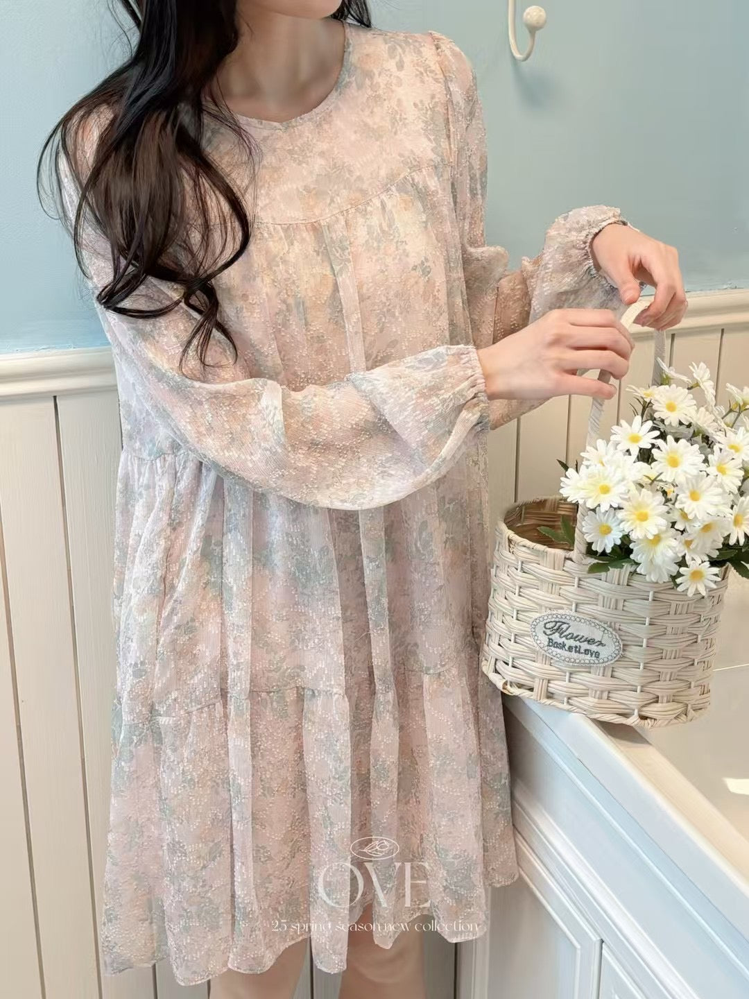 Korean APM Collection Beige Pink Flower Dress (Instock)