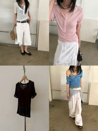 Korean APM Collection Sheer Button Henley Tee - 4 Colors (Instock)