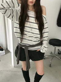 Korean Collection | Off-Shoulder Stripe Long Sleeve Top (Instock)