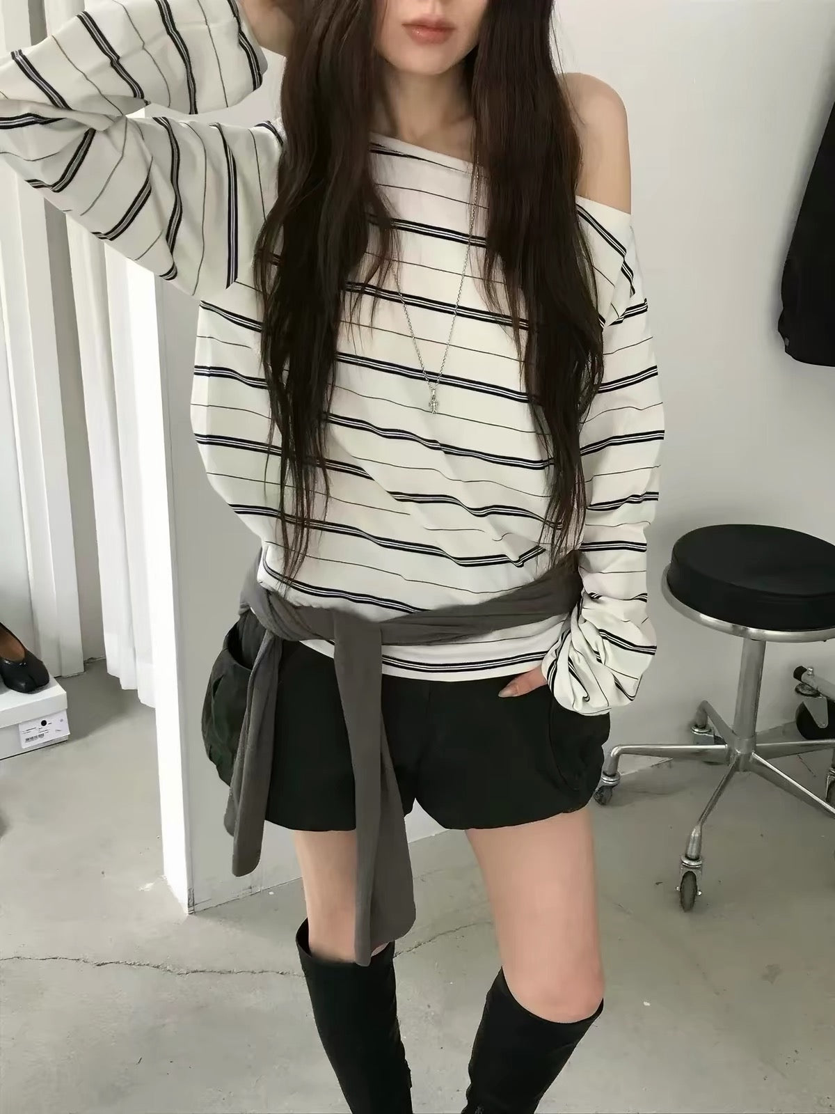 Korean Collection | Off-Shoulder Stripe Long Sleeve Top (Instock)