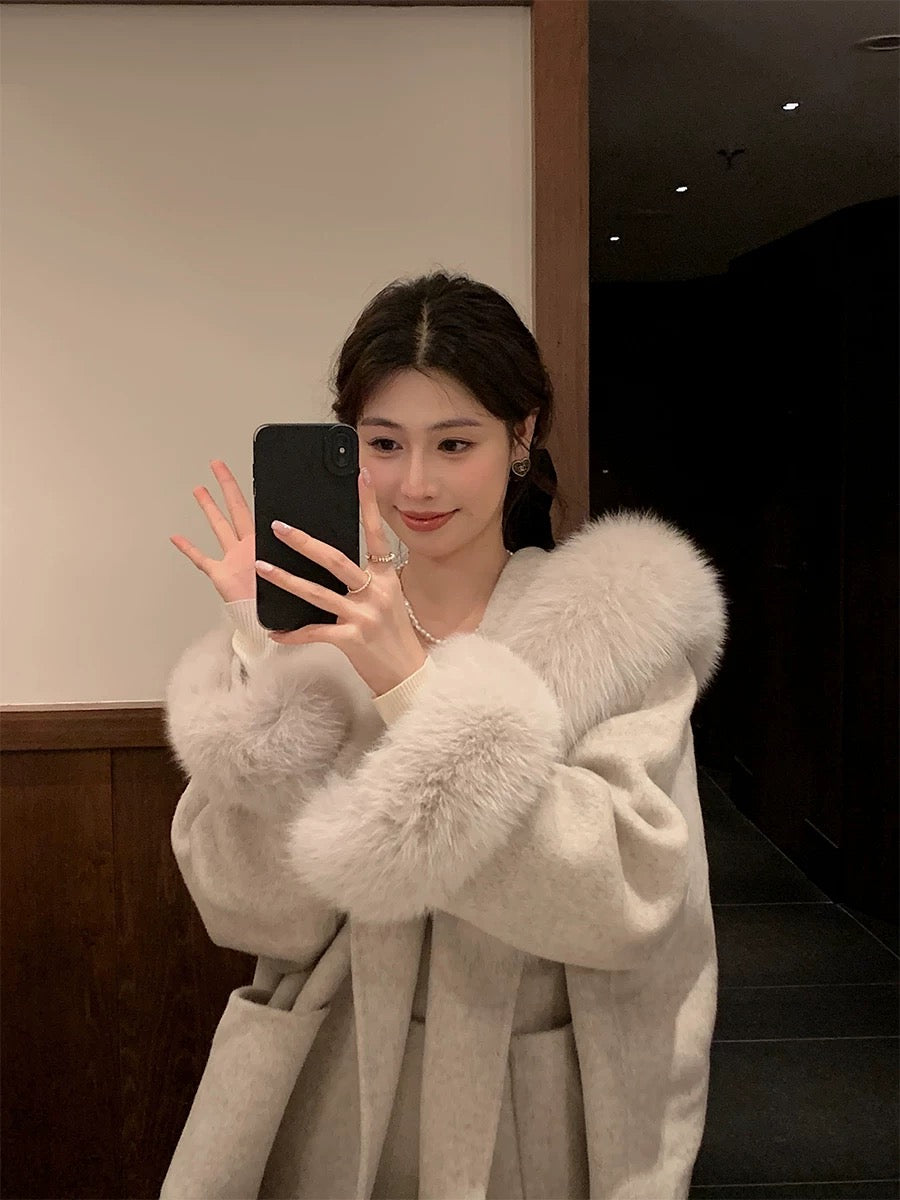 Kelly Designs Fox Fur Wool Oatmeal Coat (Instock)