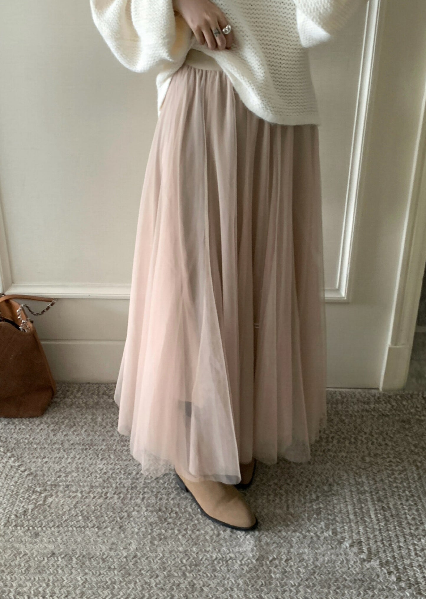 Kelly Designs Off-Shoulder Knit Sweater with Back Ribbon Tie & Khaki Skirt (Instock)