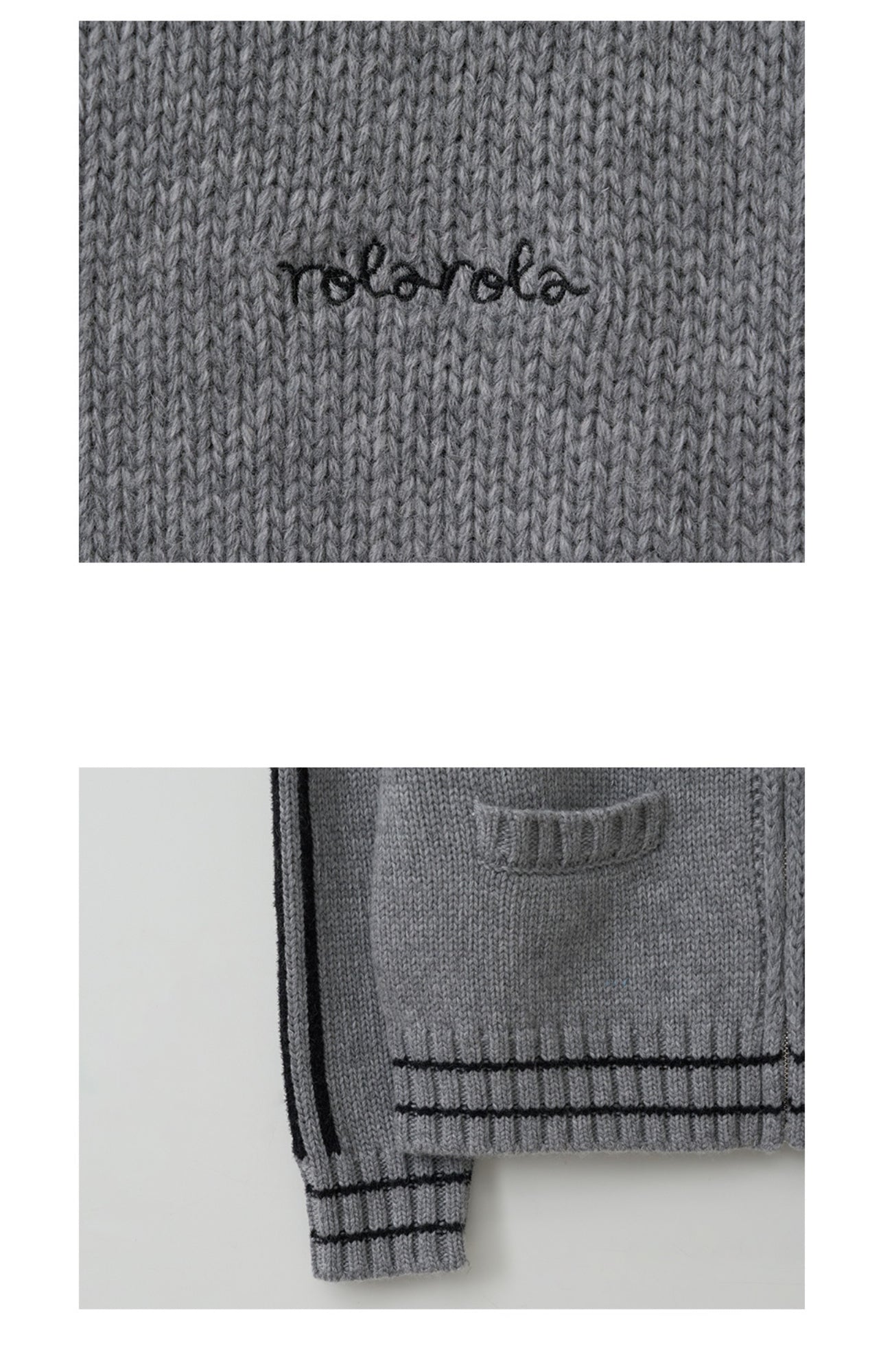 Korean Collection Rolaroal Embroidery Wool Blended Knit Zip-Up Gray (Instock)